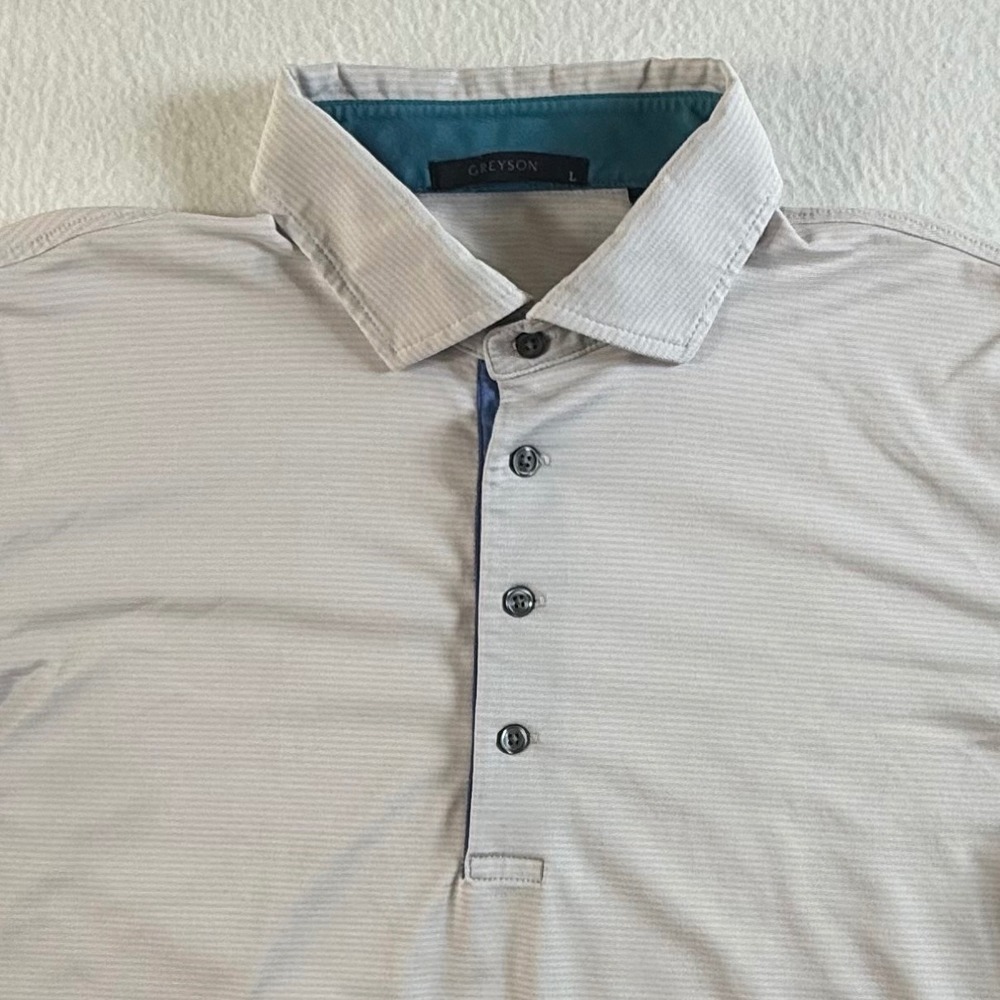Greyson Polo Shirt Mens Large Striped Performance Golf Short Sleeve Light Gray